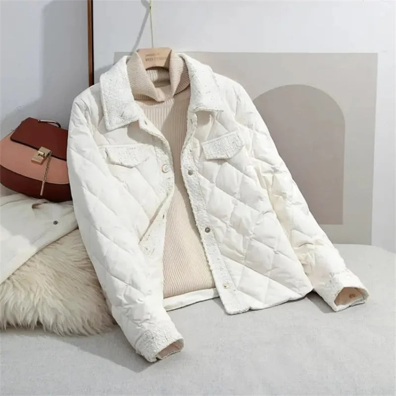 Lightweight Down Cotton Jacket Women's Short Jacket 2023 Winter New White French Style Fashion Women Jackets Patchwork Tweed Coa