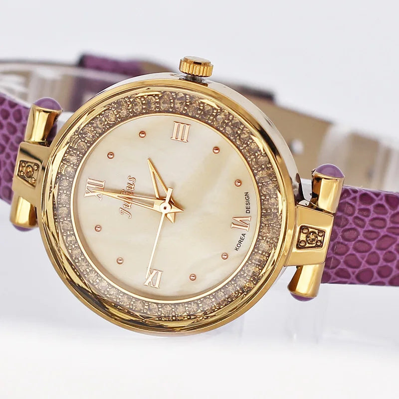 Mother-of-pearl Rhinestones Julius Lady Women's Watch Fashion Hours Bracelet Real Leather Girl's Birthday Gift Box