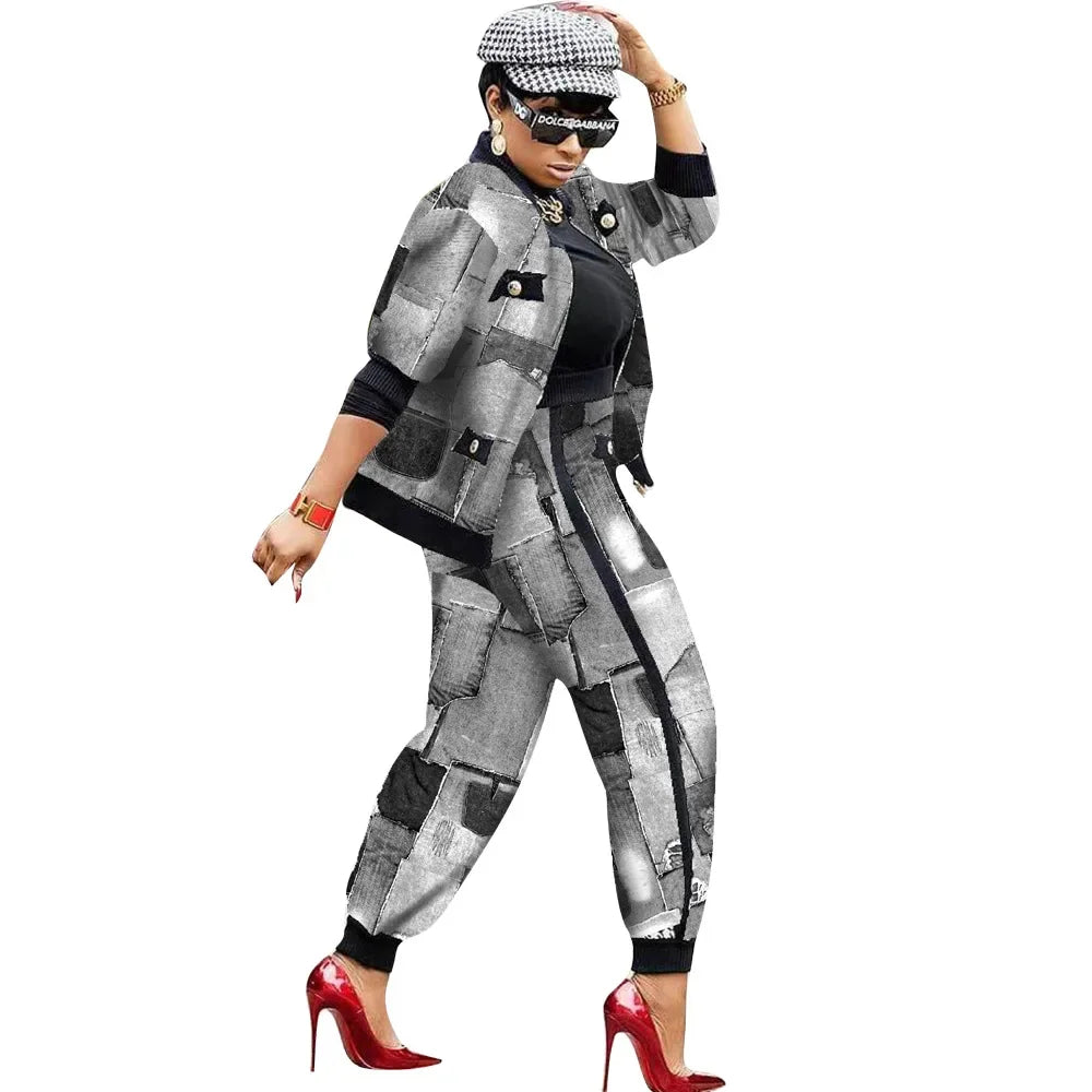 CM.YAYA Houndstooth Patchwork Two 2 Piece Set for Women Vintage Fitness Outfits Jacket + Pants Set Streetwear Tracksuit