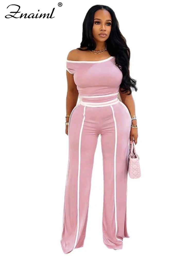 Znaiml Casual Solid Color Wide Legs Pnats Set for Women Diagonal Shoulders T-Shirt Crop Tops and Trousers Two Pieces Suit Outfit