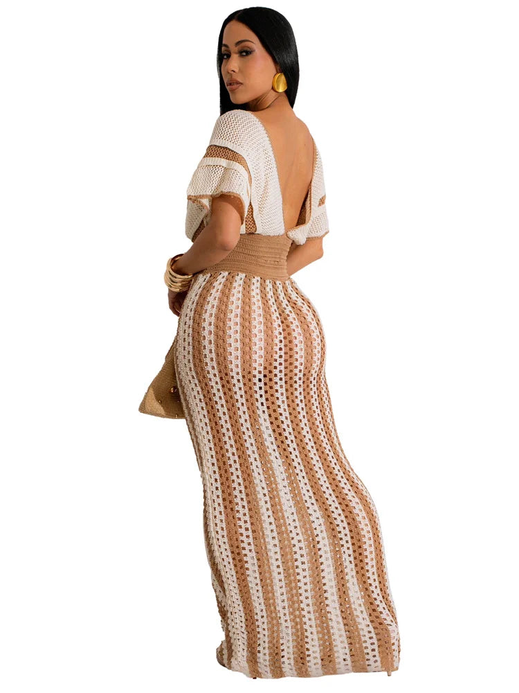 Wmstar Women Two Piece Set Sexy Elegant Knitted Crochet Beach Stripe Crop Tops Long Skirts Matching Set Holiday Birthday Outfits