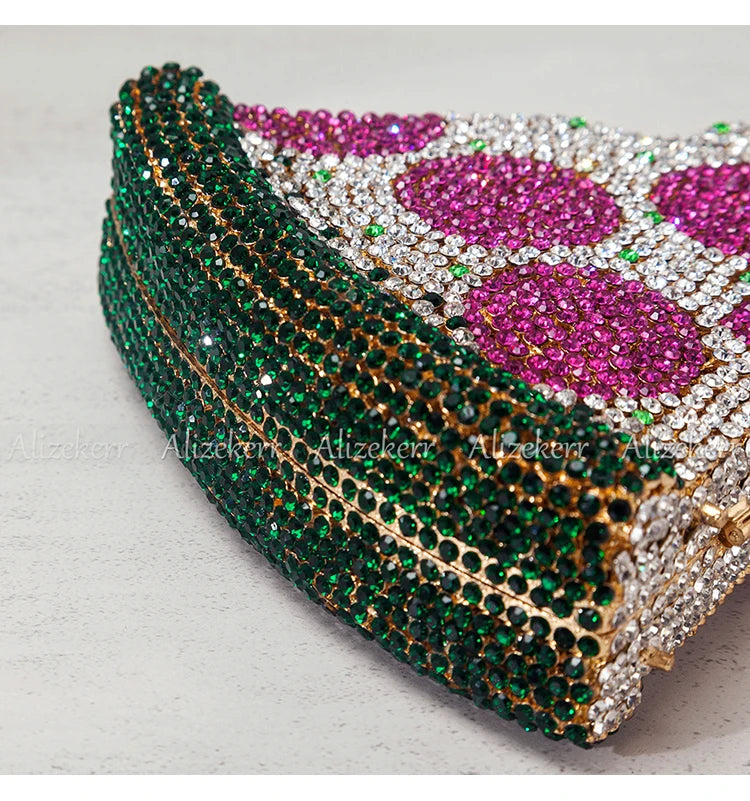 Alizekerr Pizza Shaped Diamond Evening Clutch Bags 2024 New Gorgeous Unique Metallic Watermelon Rhinestone Purses Wedding Party