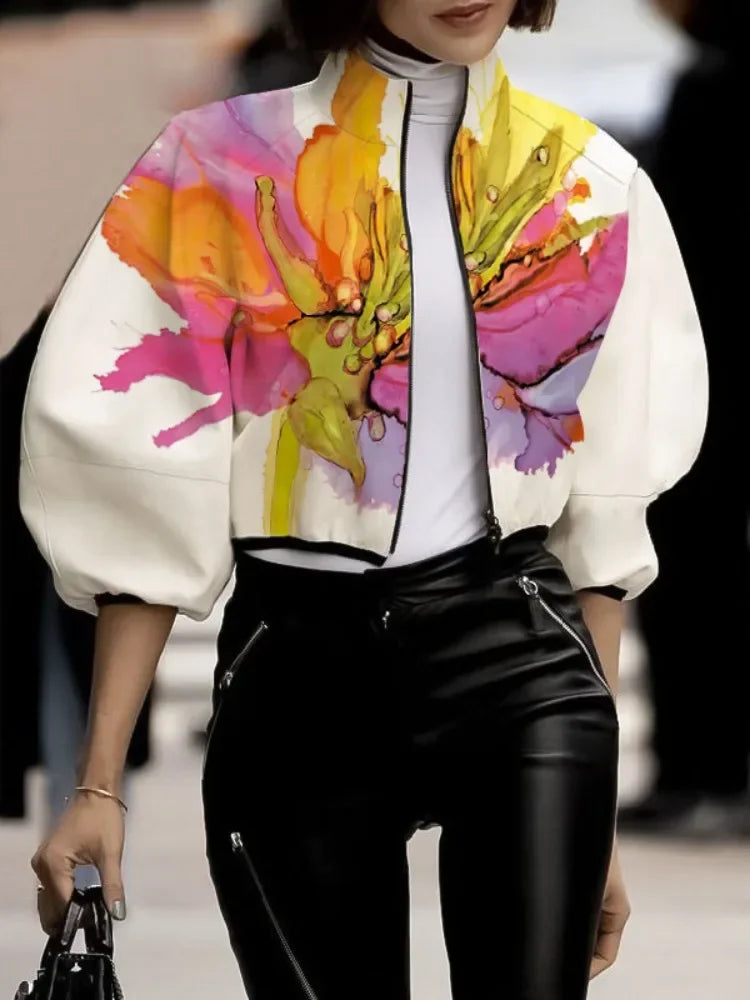 Women's Autumn New Jacket Floral Printed High Neck Puff Sleeves Coat Zippered Half Sleeve Loose Fit Outerwears