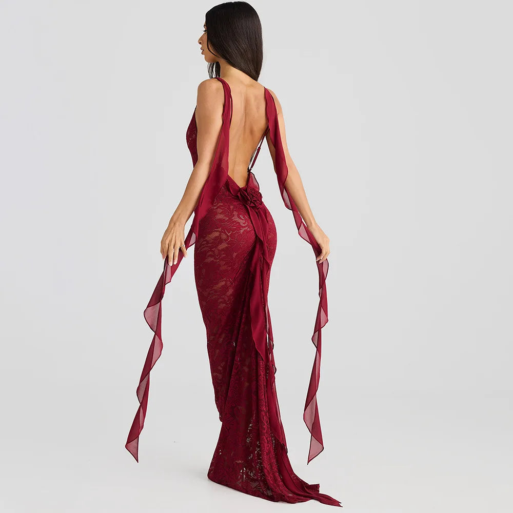 CM.YAYA Women lace Sleeveless Strap Floral Backless Sleeveless Sexy Party Bodycon Midi Maxi Long Dress 2025 Dresses Vestidos