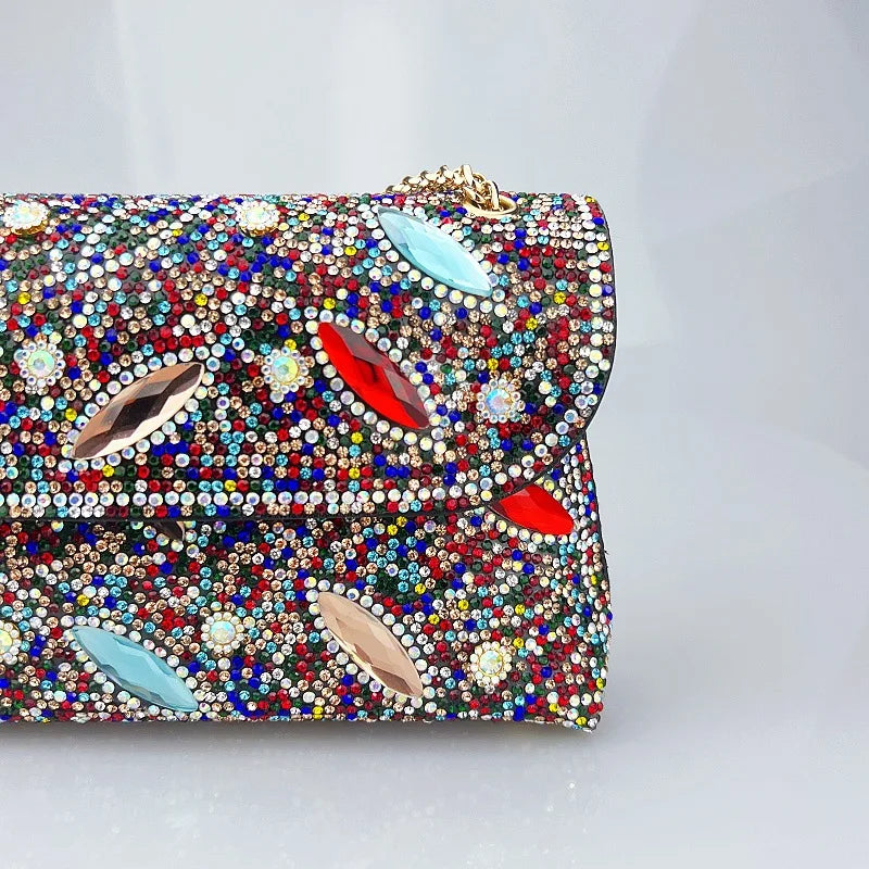 New Cross-Border High-End Feel Large Brick Socialite Style Diamond Underarm Handbag Embroidered Color Diamond Chain Chinese Dres