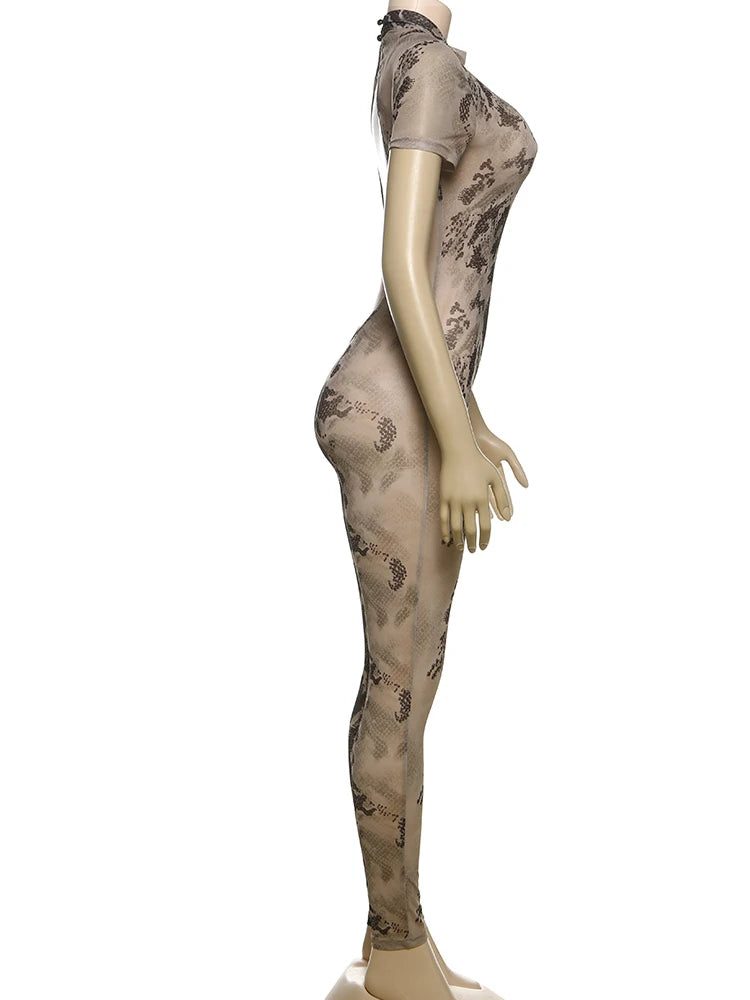 Weird Puss Serpentine Jumpsuit Women See Through Backless Short Sleeve Sexy Fit Summer Workout Overalls Stretch Button Clubwear