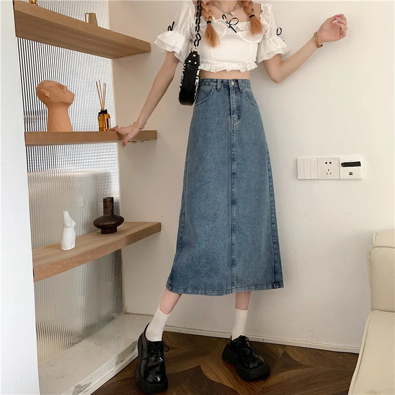 New 2022 Spring-Autumn Medium-Length Denim Skirt For Women High-Waisted Slimming Plus Size Curvy Girls A- Line Hip Covering Skir