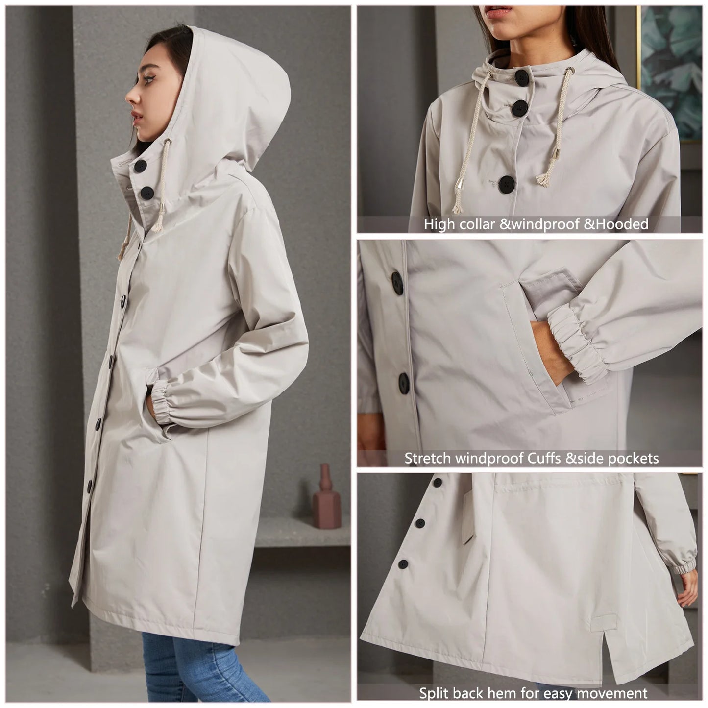 Spring Autumn Women's Trench Coat Water-Repellent Hooded Windbreaker Outdoor Loose Casual Zipper Long Jacket