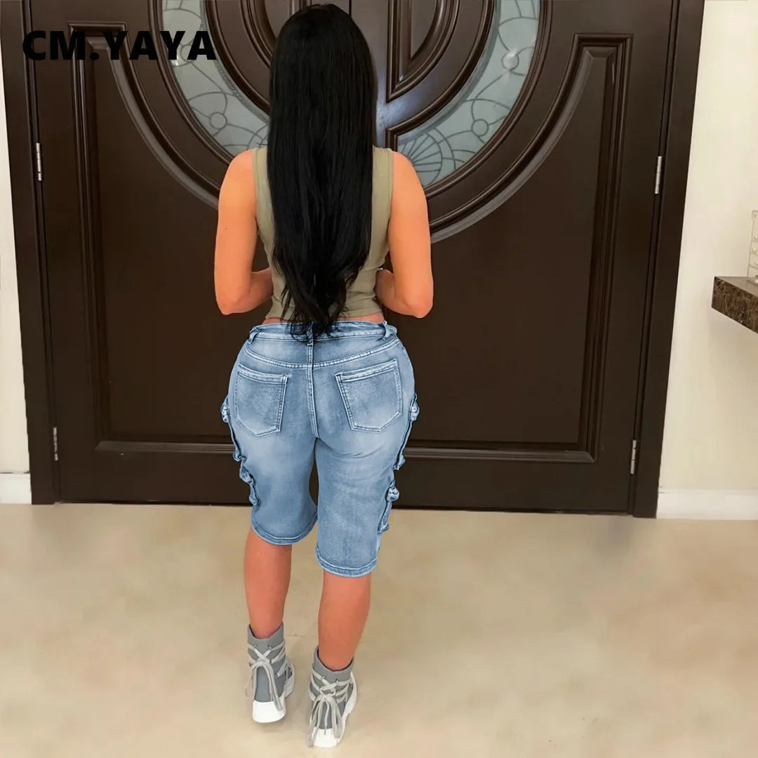 CM.YAYA Women Straight Washed Denim Knee Length Cargo Pants 2025 Summer Multi Pocket Street Casual Wide Leg Jeans Trousers