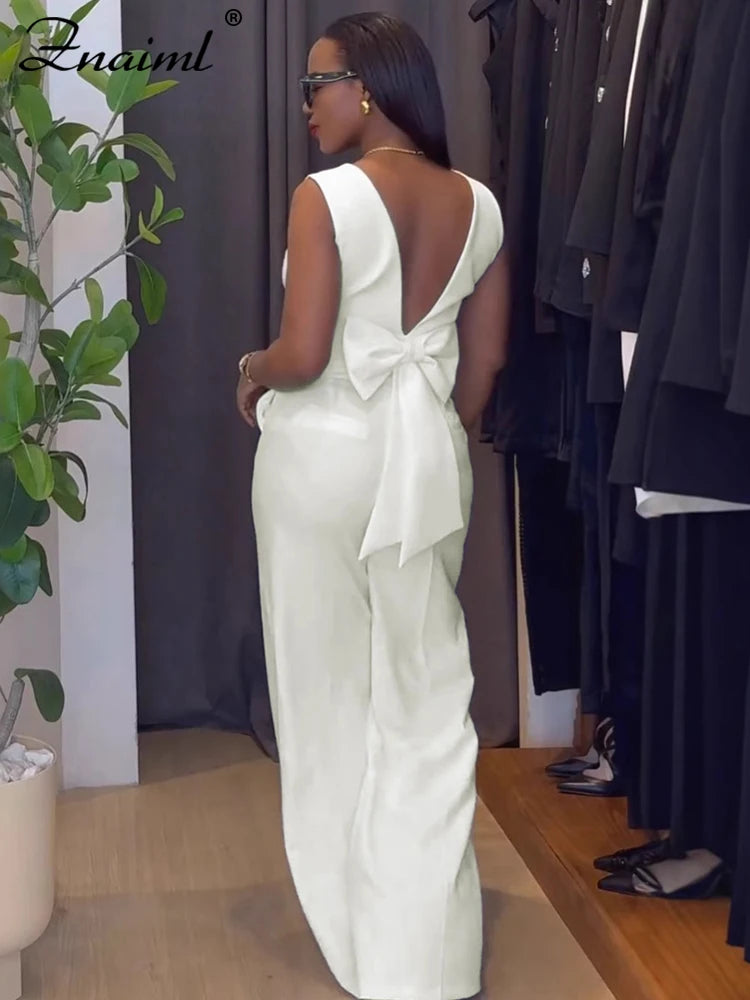 Znaiml Casual Wide Leg Pants Set Women Summer Sleeveless V Neck Backless Bowknot Tops Two 2 Piece Outfits Elegant Vacation 2025