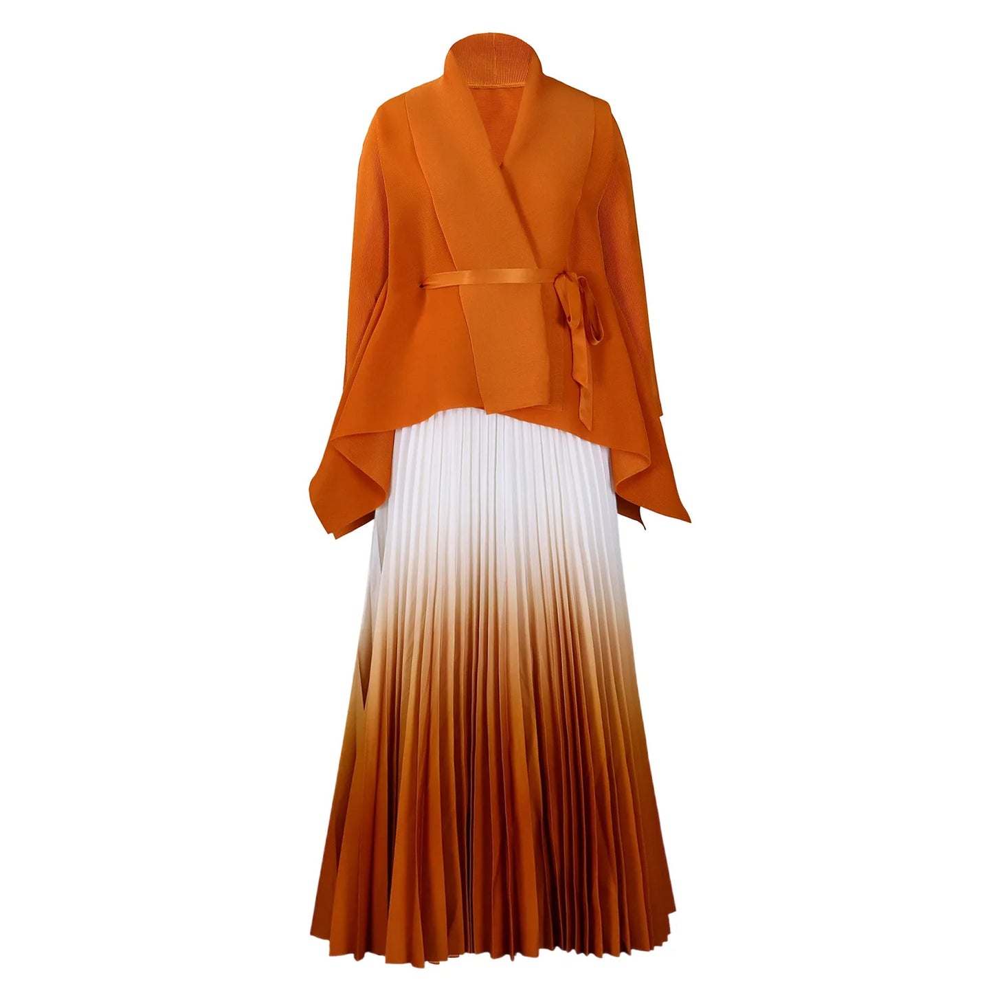 CM.YAYA Gradient Women's Set Full Sleeve Belt Blouse Shirt +Pleated Long Skirts Suit Street Two 2 Piece Set Outfit Tracksuit