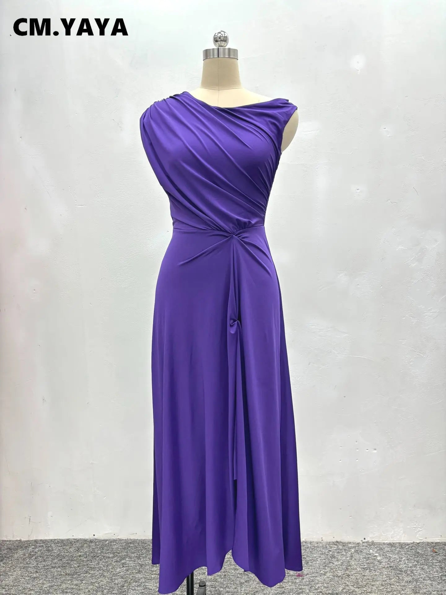 CM.YAYA Fashion Women Ruched Sleeveless High Side Split Maxi Dress Holiday Birthday Sexy Night Club Party Street Long Dresses