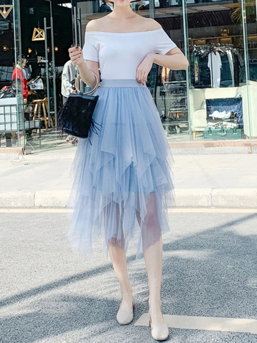 Women Tutu Tulle Skirt Elegant High Waist Mesh Tiered Layered Half Skirt Female Prom Party Midi Skirt for Summer Fairycore Y2K