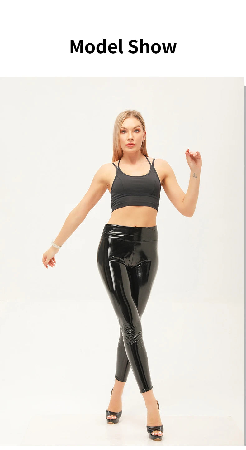 Women High Waist Open Crotch Leather Leggings Outdoor Sex PU Pencil Pant Double Zipper Seamless Faux Latex Slim Club Butt Lifter