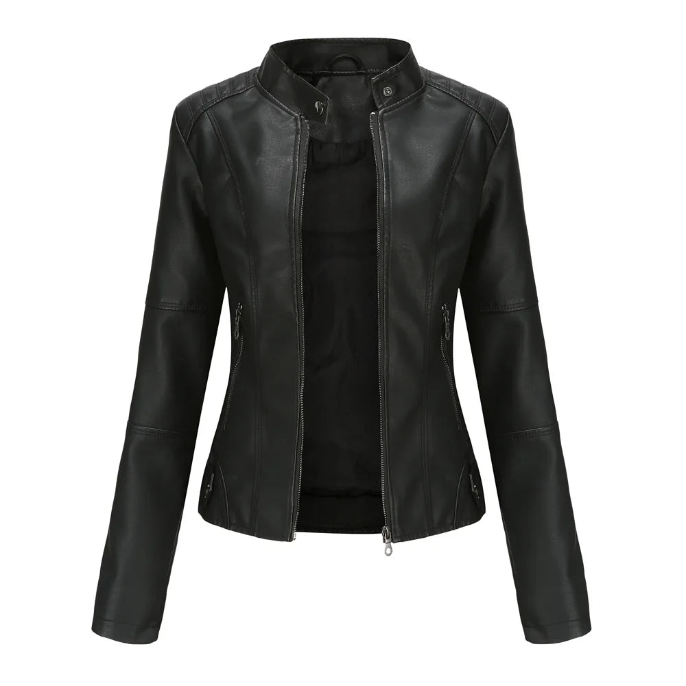 Women Leather Jacket 2025 Spring Autumn Black PU Leather Coat Stand-up Collar Motor Biker Jacket