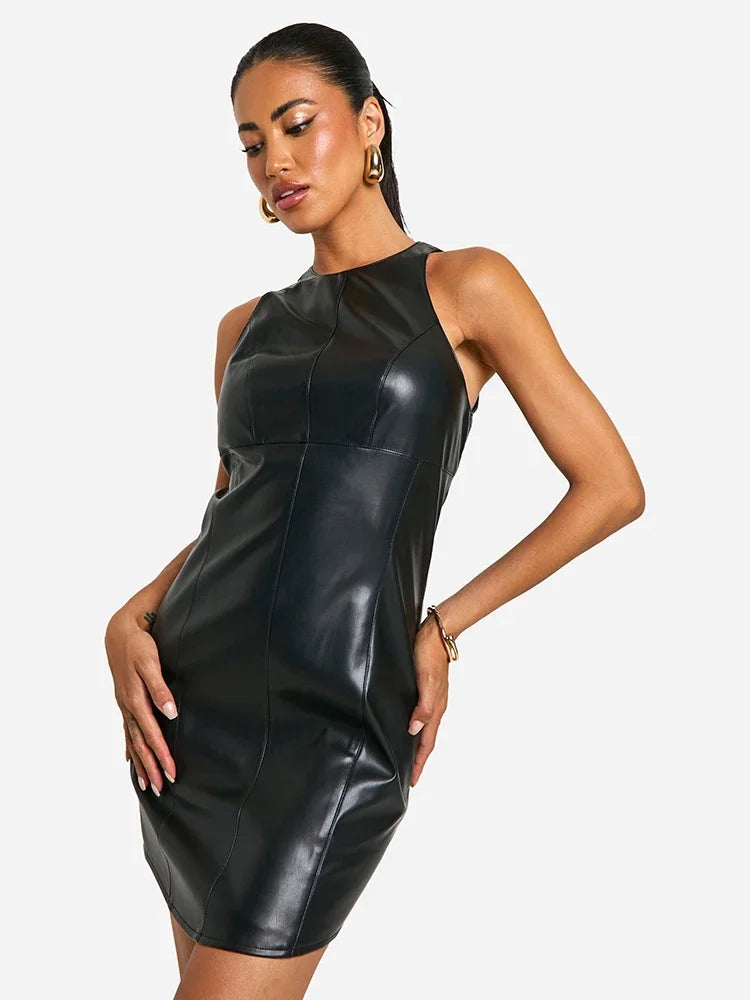 Women Faux Leather Tank Dress Stretch PU Bodycon Dress Party Ladies Sleeveless Round Neck Mini Dress Clubwear Custom New