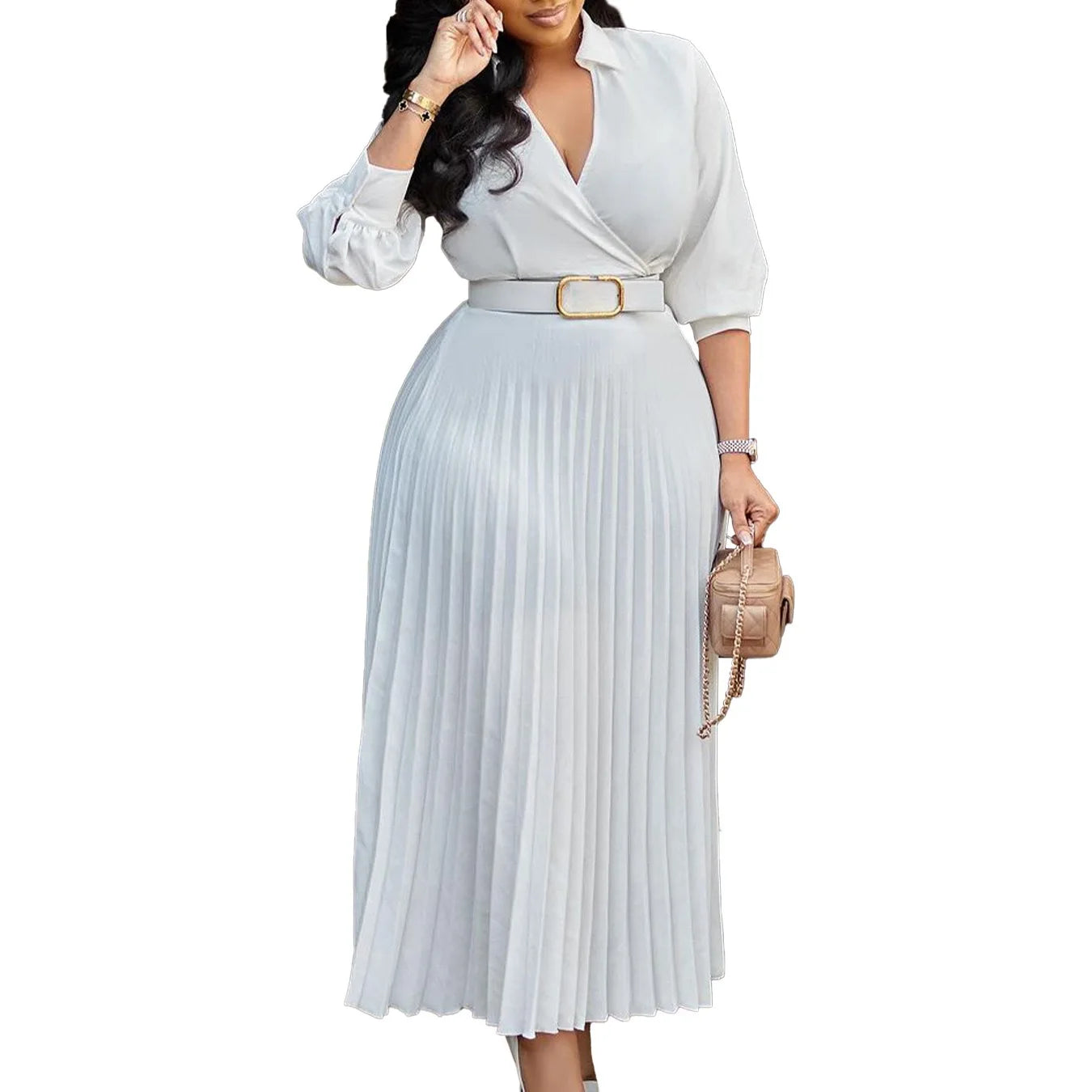 Elegant Office Dresses for Women Pleated Deep V Neck Full Sleeve Belt Waisted Ankle Length African Business Work Wear Dress New