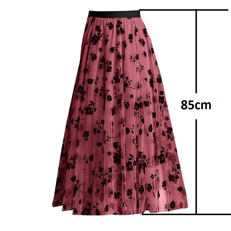 Flocking Floral Pirnted Long Mesh Skirt for Women, High Waist, Max Pleated Tutu, Tulle Skirt, Gauze Skirt, Female, 2025