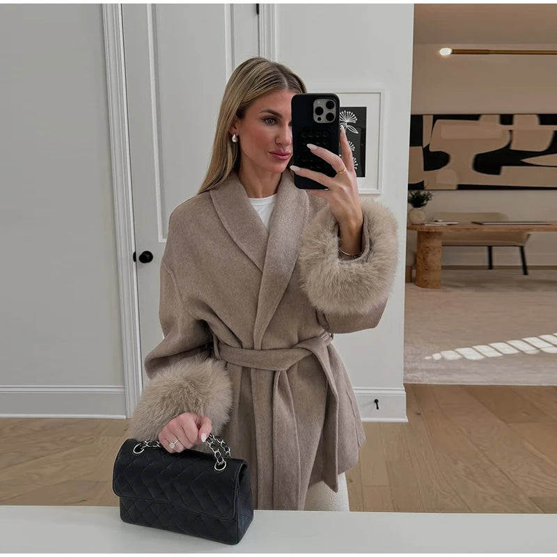 Plush Cuffs Belt Women 's Coats Elegant Lapel Faux Fur Sleeve Twist Open Coat Female 2025 Autumn Winter Fashion Lady Streetwears