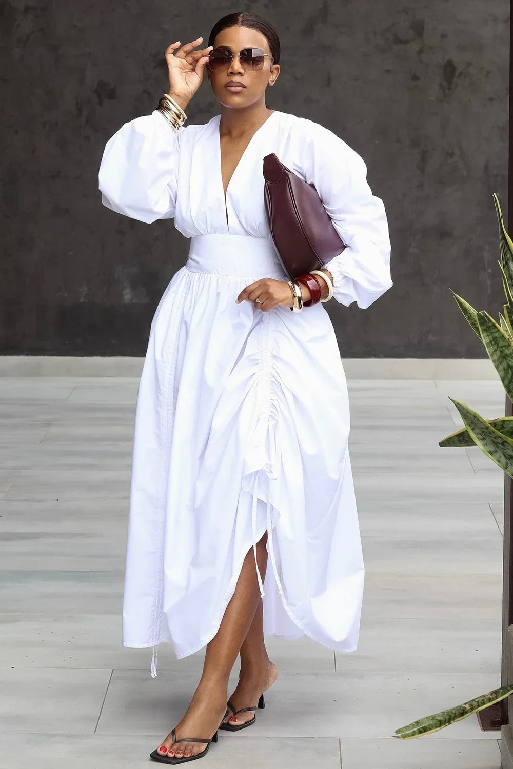 Elegant High Waist Puff Sleeve Midi Dress For Women