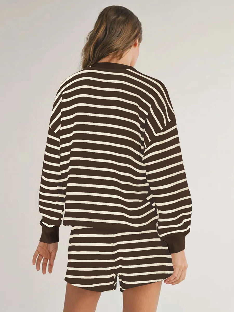 Women'S Striped Long Sleeved Shorts Set Long Sleeved T-Shirt With Elastic Waist Shorts Spring and Autumn Sports Set