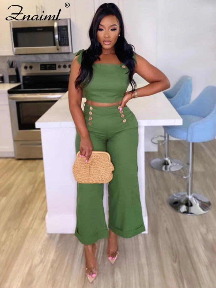 Znaiml Green Tie Shoulder Ruched Wide Strap Slim Fit Crop Top and Wide Leg Pant 2 Pieces Women Summer Streetwear Matching Sets