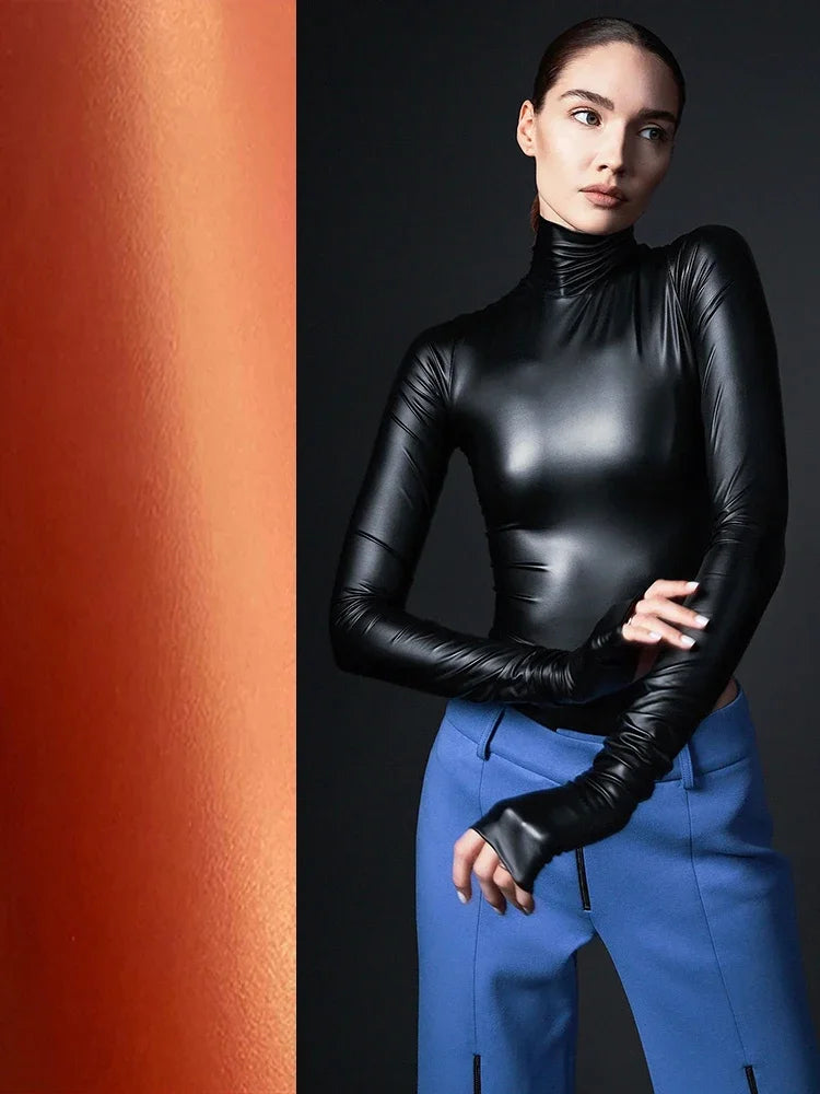 Women Faux Leather Bodysuits Long Sleeve High Neck Slim Jumpsuits Ladies Sexy Stretch Bodycon Bodysuits Party Clubwaer Custom