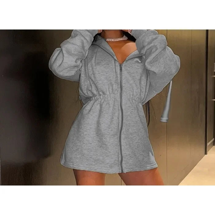 Hooded Short Dress for Women Summer and Fall 2025 New Casual Sexy High Waisted Zipper Short Dresses Solid Long Sleeved Dress