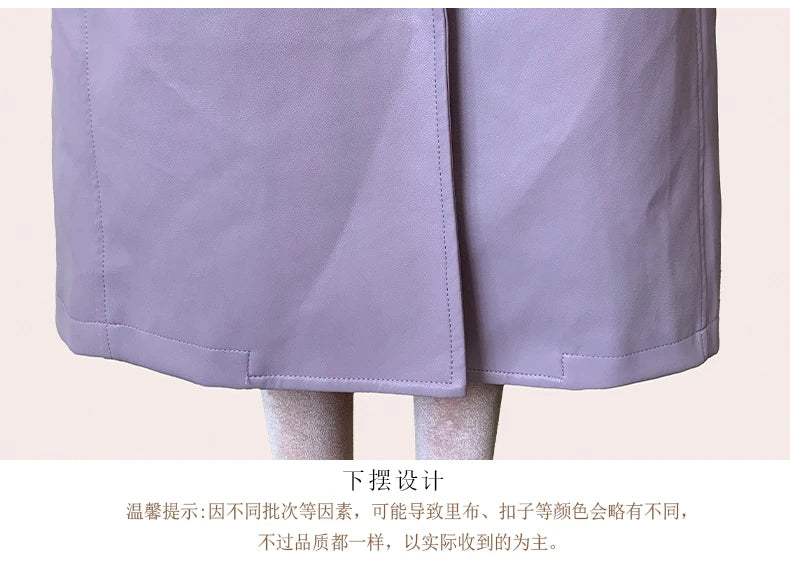 Long Purple Faux Leather Trench Coat With Ruffled Collar For Women