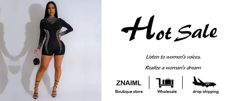 Znaiml Women's Long Sleeve O Neck Short Jumpsuit with Rhinestone Sheer See Through Stretch Bodycon for Nightclub Birthday Party
