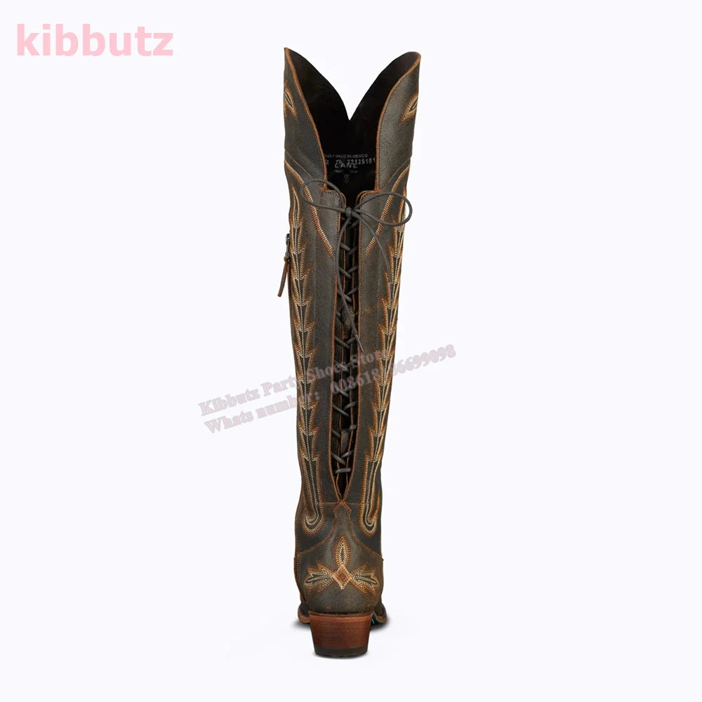 Rivet Cowboy Vintage Boots Over The Knee High Embroidery Lace-Up Luxury Leather Pointed Toe Chunky Heels Fashion Concise Shoes