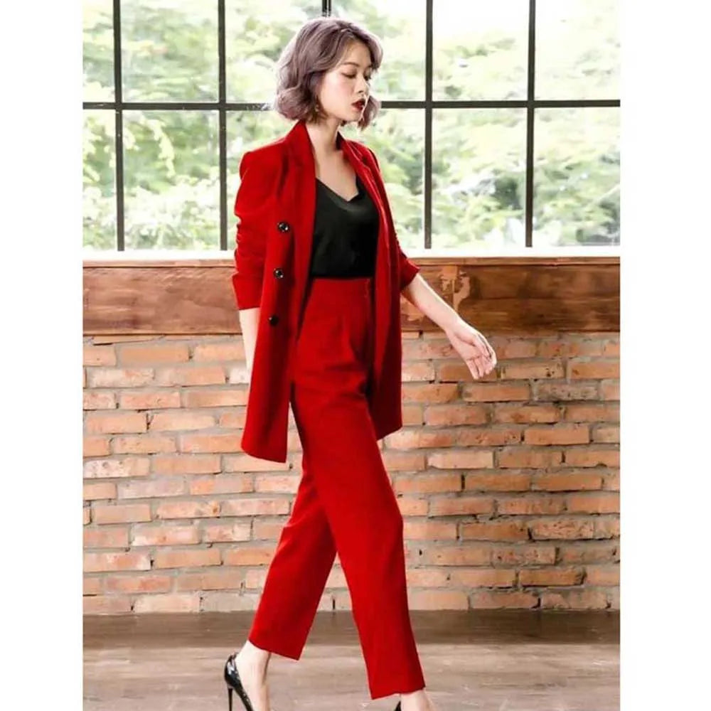 Fashion Chic Red Women's Suits Notch Lapel 2 Pieces Jacket Pants Female Clothing Slim Fit Office Banquet Lady's Blazers Sets