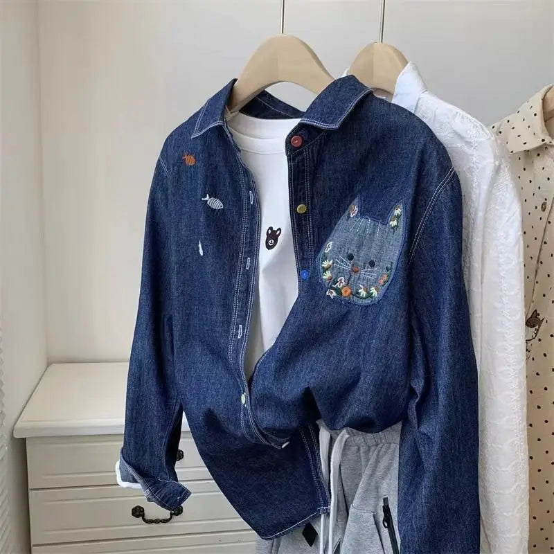 Korean retro dark blue denim long-sleeved shirt women's spring and autumn new fashion plus size loose coat embroidered shirt top