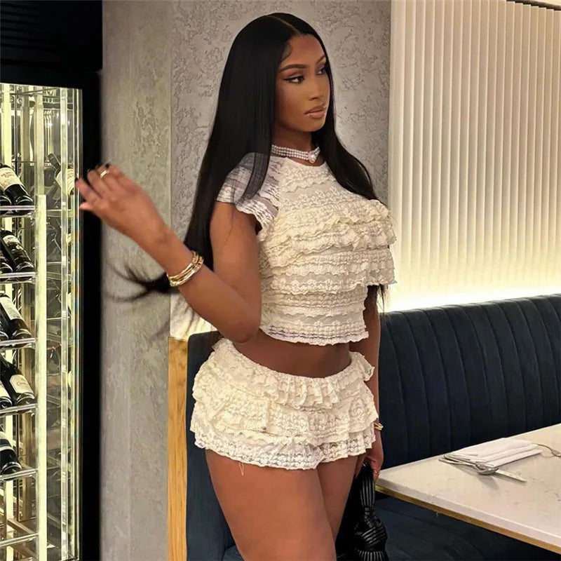 Two Piece Women Crop Top And Mini Skirt Matching Set 2024 New Summer Fashion Sexy White Lace Ruffle Ruched Skirts Outfits