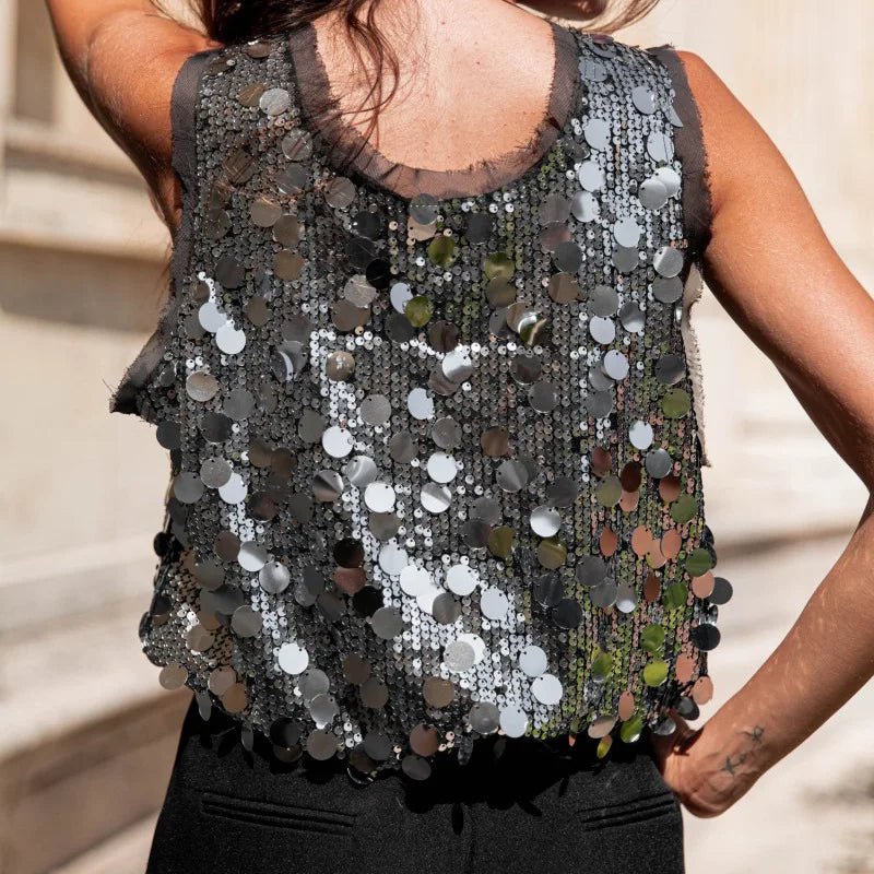 Fashion Women's Clothing Holiday Blouses Shiny Sequined Sleeveless Vest Top Summer Ladies O-neck Hollow Out Club Party T-shirt