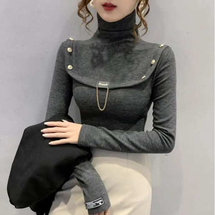 Elegant Button Detail Knit Turtleneck Sweater For Women