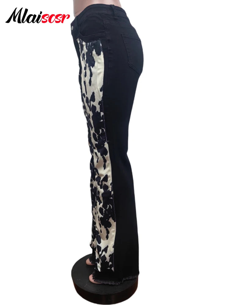 Mlaiscsr Fashion High Street Printed Patchwork Stretch Jeans Women Sales Button Boot Cut Denim Flare Pants Boyfriend Trousers