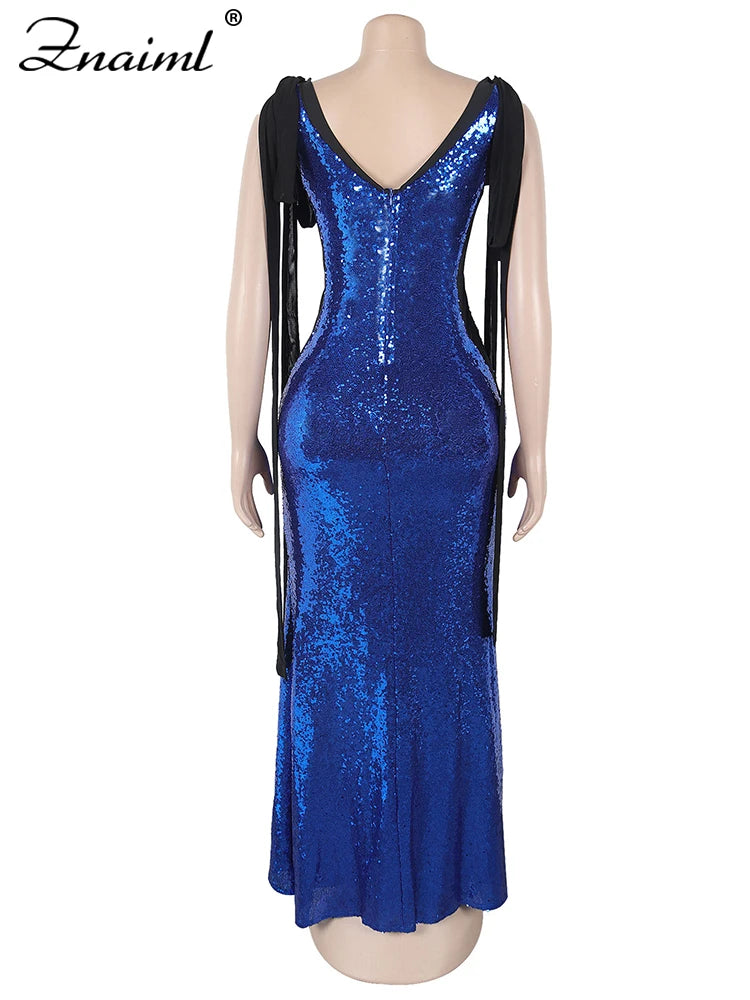 Znaiml Women Elegant Cocktail Prom Long Blue Dress Luxury Sequin Sleeveless Bandage Wedding Gown Evening Formal Party Vestidos
