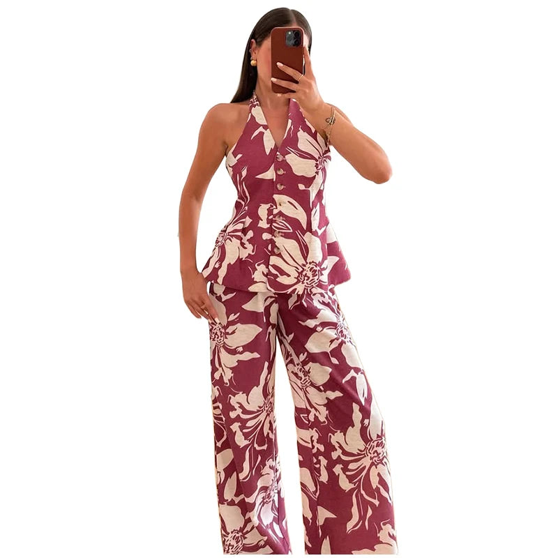 Halter Print Top Pants Set Women Backless Crop Tops Wide Leg Baggy Pants Two Pieces Set Chic Vacation Casual Women Outfit