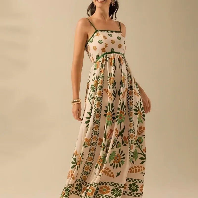 Sexy Women's Off Shoulder Summer Long Dress Casual Bohemian Pleated Sling Dress Graffiti Printed High Waist Beach Dress Vestidos