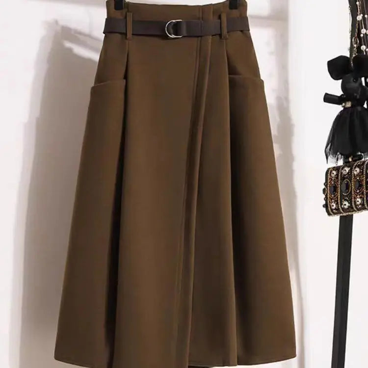 High Waisted Black Wool Midi Skirt With Pockets for Women