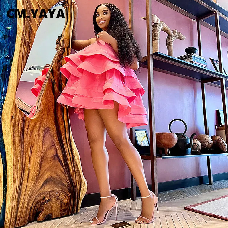 CM.YAYA Women Spaghetti Strap Tierred Big Swing Sleeveless Ball Gown Mini Dress 2023 Vintage Party Evening High Street Dresses