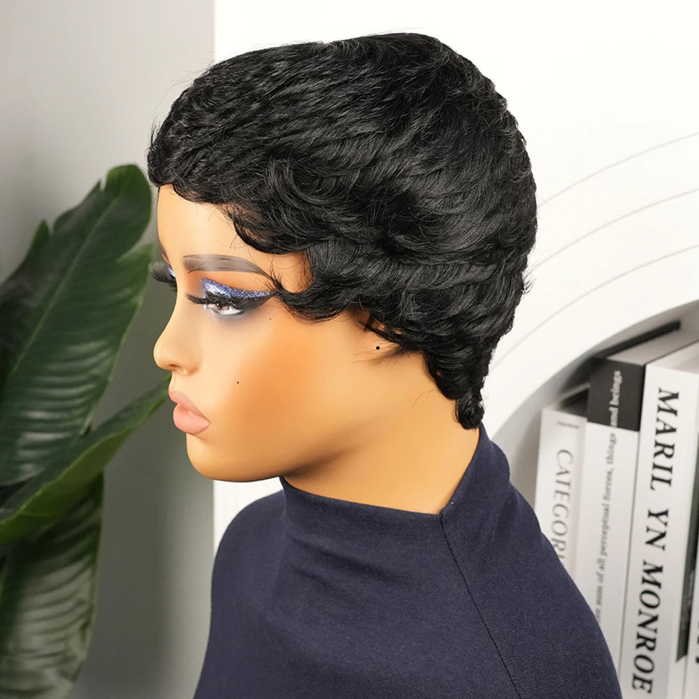 Black Short Straight Brazilian Hair Pixie Wig Preplucked Hairline For Women