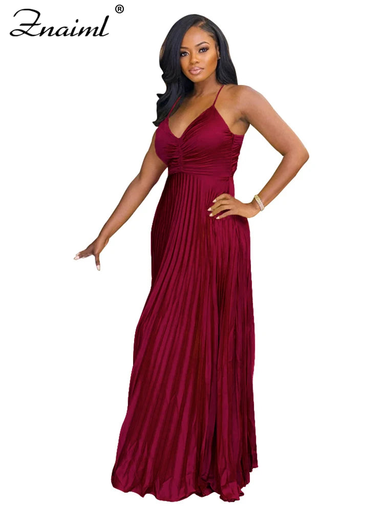 Znaiml Elegant Satin Pleated Vacation Burgundy Maxi Dress Women V-neck Straps Backless Bow Tie Long Vestidos Birthday Clubwear