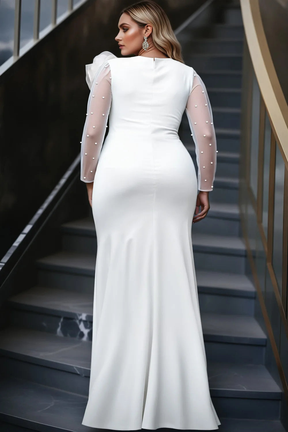 Plus Size Wedding White Elegant Long Sleeve Pearl Split 3D Maxi Dresses
