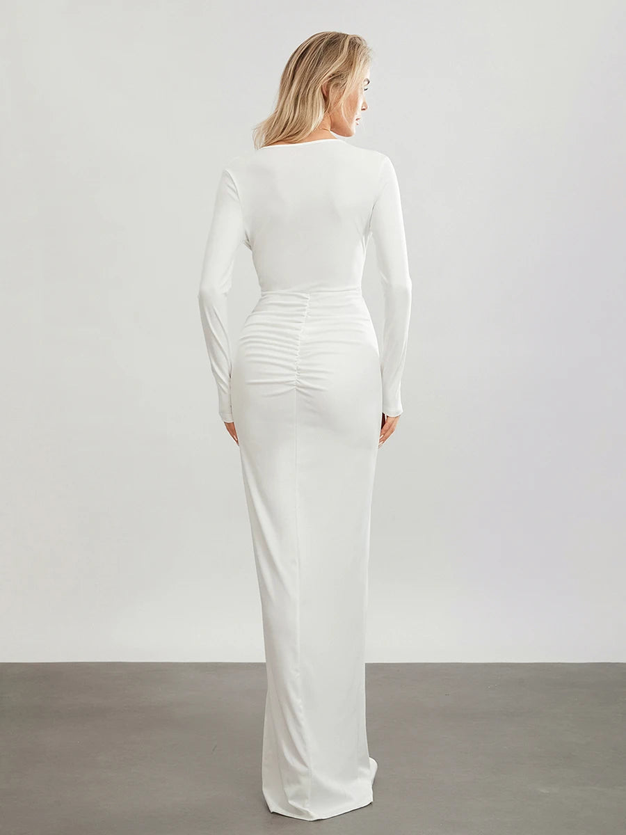 Women's Twist Front Party Dress Elegant Long Sleeve Deep V Neck Bodycon Long Dresses Female Solid Color Formal Evening Gown