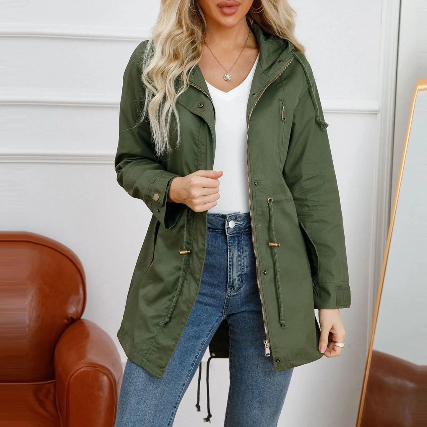 Women's Hooded Trench Coat Spring Autumn Fitted Solid Color Jacket for Daily Outdoor Camping Hiking