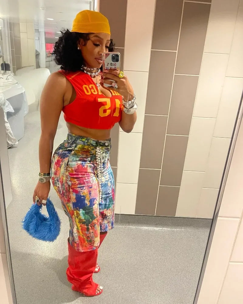 Summer Graffiti Colorful Painting Print Loose Casual Shorts Women High Waist Button Pockets Straight Short Trousers Streetwear