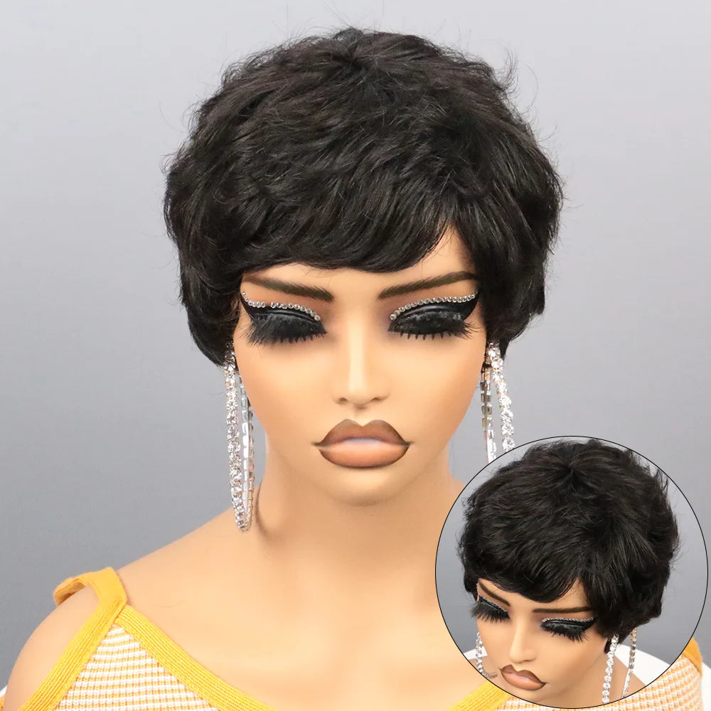 Short Bob Wig Human Hair for Black Women Pixie Cut wigs Human Hair Wig Glueless Wig None Lace Front Wig with Bangs Natural Black
