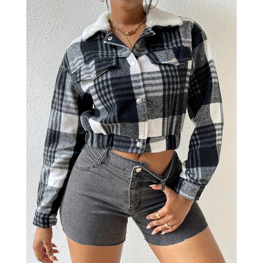 Women Fluffy Turn-down Collar Striped Print Covered Button Short Jackets Autumn Long Sleeve Coat Outfits Winter Clothing